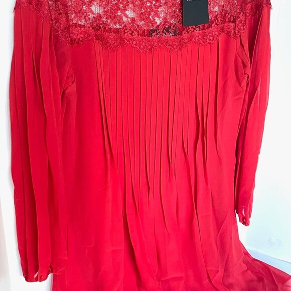 The Kooples Red Lace Chiffon Shift Dress Medium Red Long Sleeve Pleated Mini - Picture 5 of 11